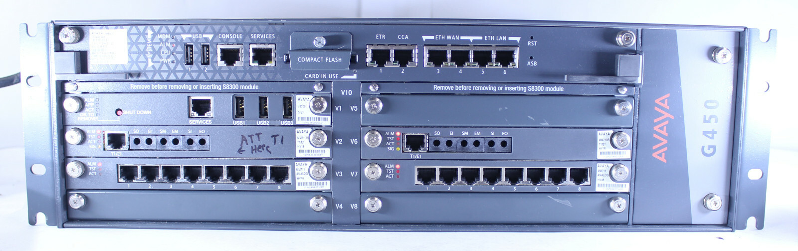 Avaya G450 Media Gateway with 1x S8300, 2x MM710B, 2x MM711, MB450, 2x PS4504 Avaya G450 Media Gateway with 1x S8300, 2x MM710B, 2x MM711, MB450, 2x PS4504