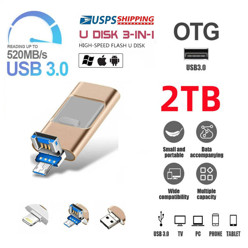 1TB USB 3.0 Flash Drive Memory Photo Stick for iPhone Android iPad Type C 3 IN1