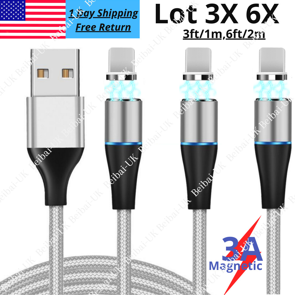 3/6Pack Magnetic USB Charger Cable 3/6Ft For iPhone 13 11 8 7 6 5s Charging Cord