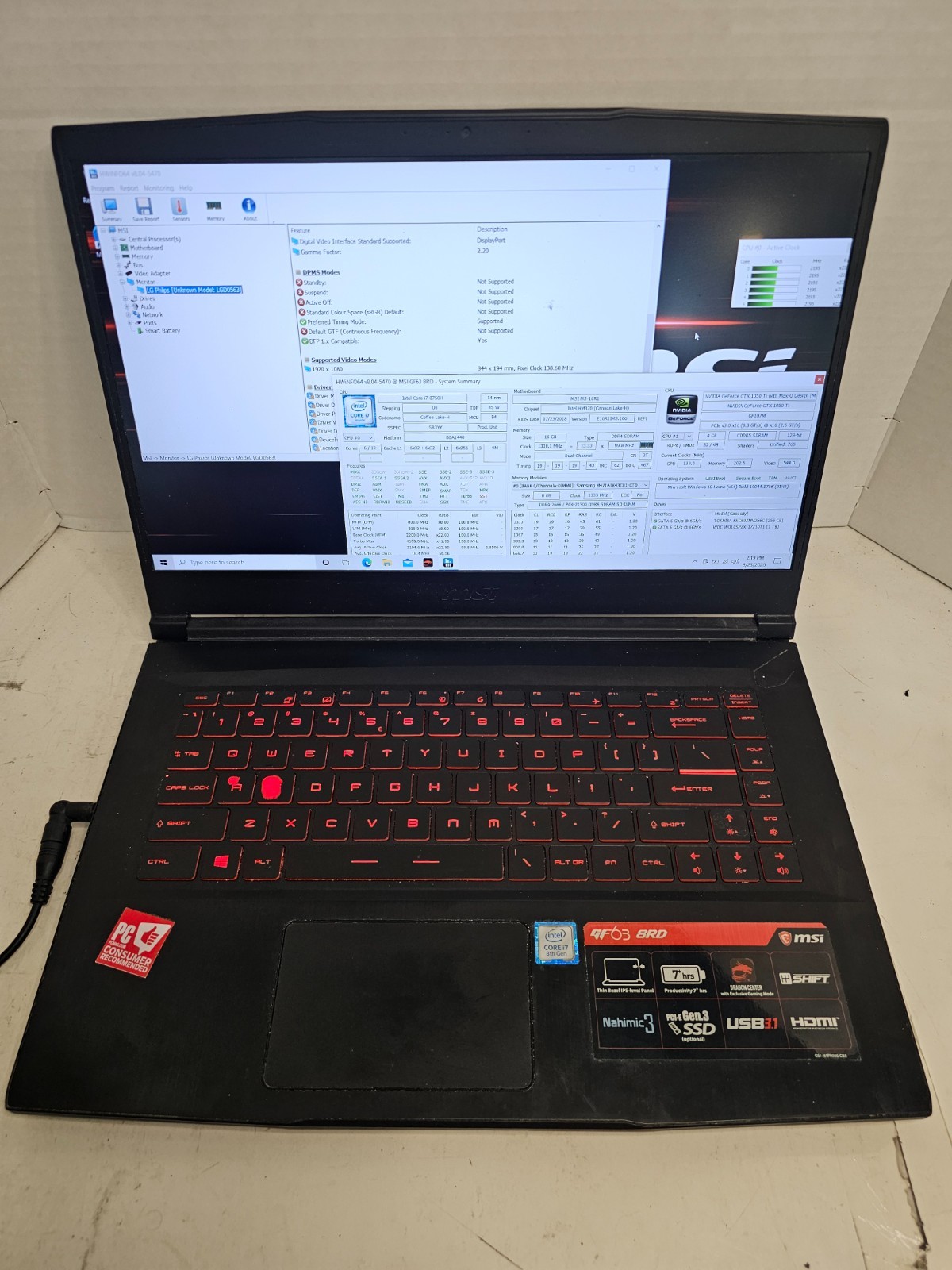 MSI GF63 8RD i7-8750H 16GB RAM 256GB+1TB DRIVES Win 10 GTX 1050Ti NO BATTERY #04 MSI GF63 8RD i7-8750H 16GB RAM 256GB+1TB DRIVES Win 10 GTX 1050Ti NO BATTERY #04