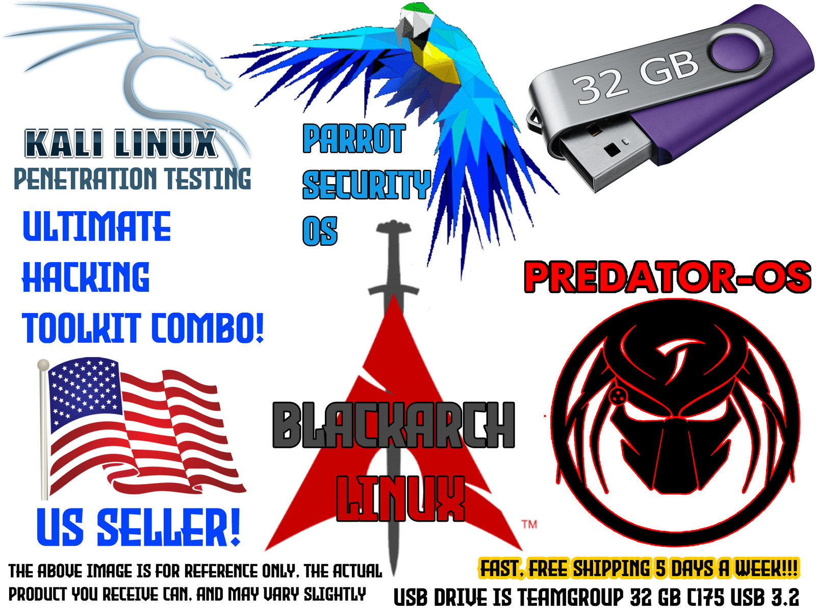 Kali Linux 2024.1 BlackArch 23 Parrot 6.0 Predator OS v3  32 GB FAST 3.2 USB