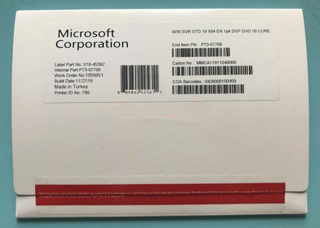 Microsoft Windows Server 2019 Standard 64 Bit 16 Core DVD&Product Key New Sealed