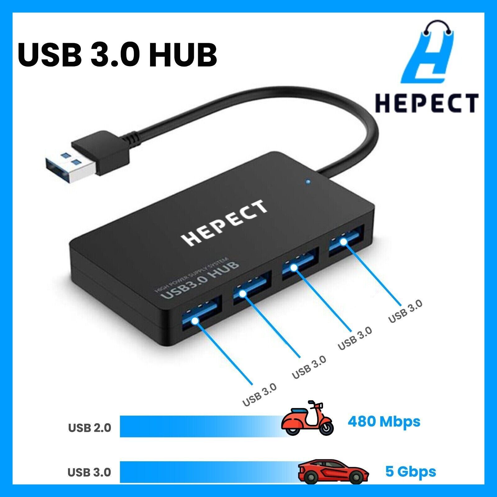 USB 3.0 Hub 4-Port Adapter Charger Data Super Speed for PC Mac Laptop Desktop
