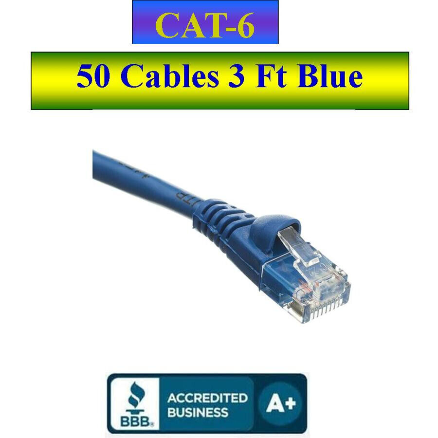 Pack of 50 Cables Snagless 3 Ft Cat6 Blue Network Ethernet Patch Cable