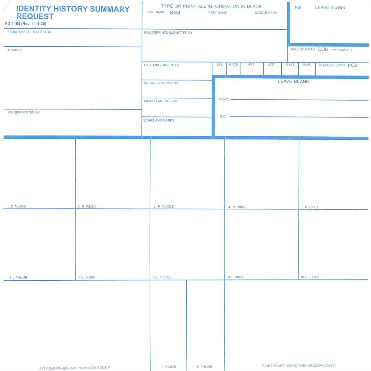 Crime Scene Fd-1164 Card For Fbi Identity History Summary Checks Pack Of 50