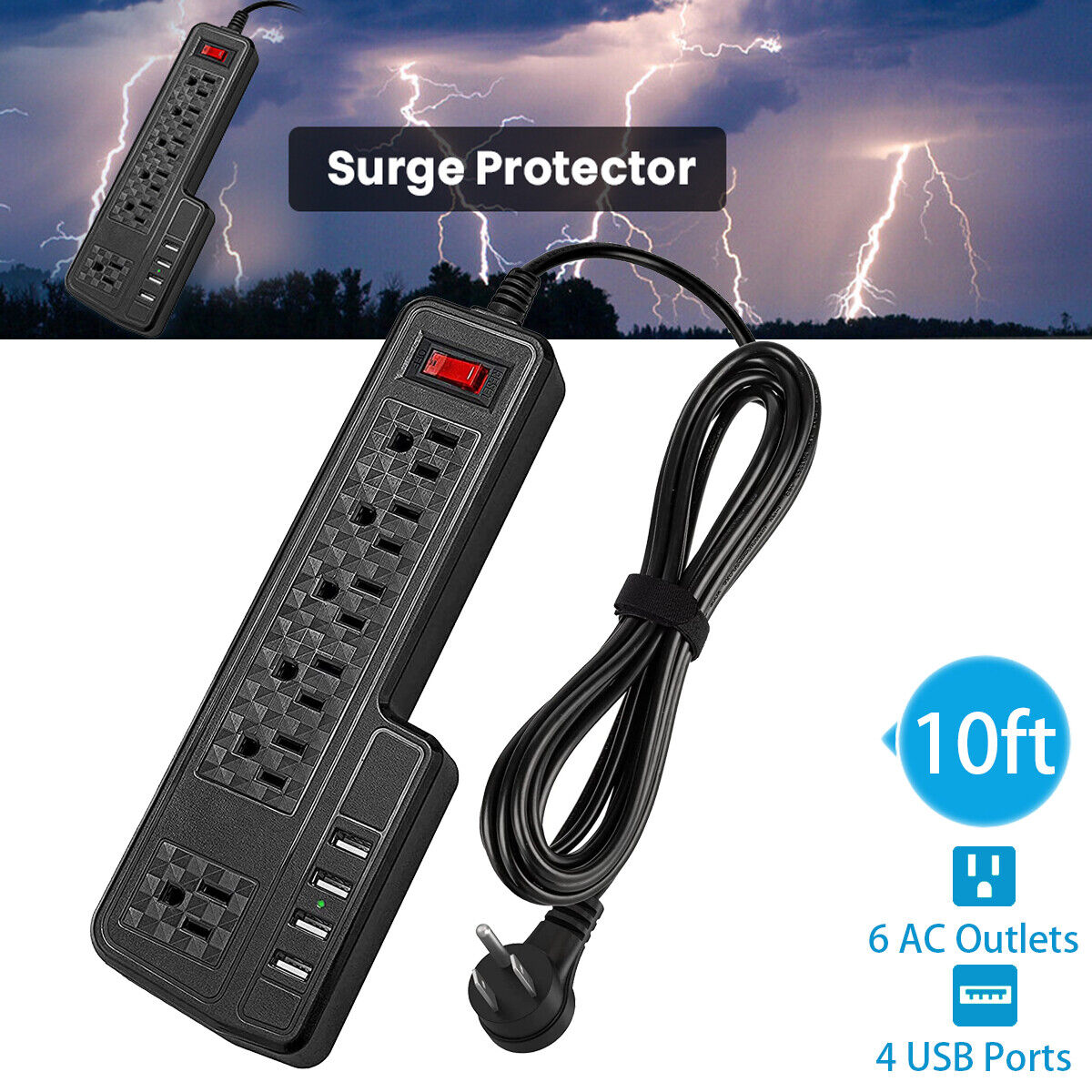 10ft Extension Cord with 6 Outlets and 4 USB Ports Power Strip Surge Protector