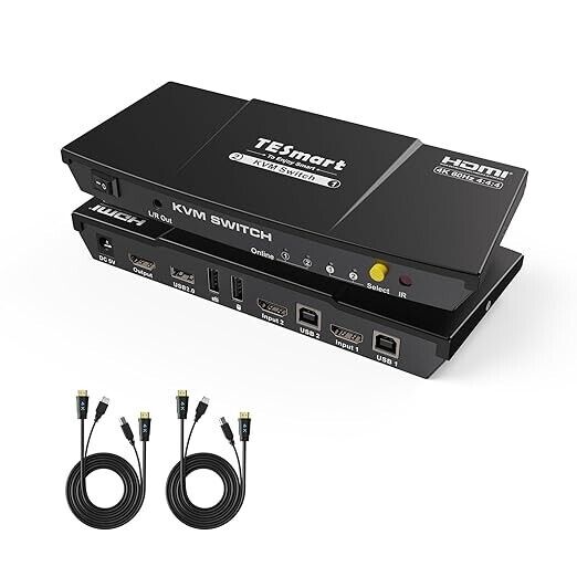 TESmart Newest HDMI KVM Switch 2 Ports 4K@60Hz Ultra HD 2x1 with 2 Pcs 5ft KVM 