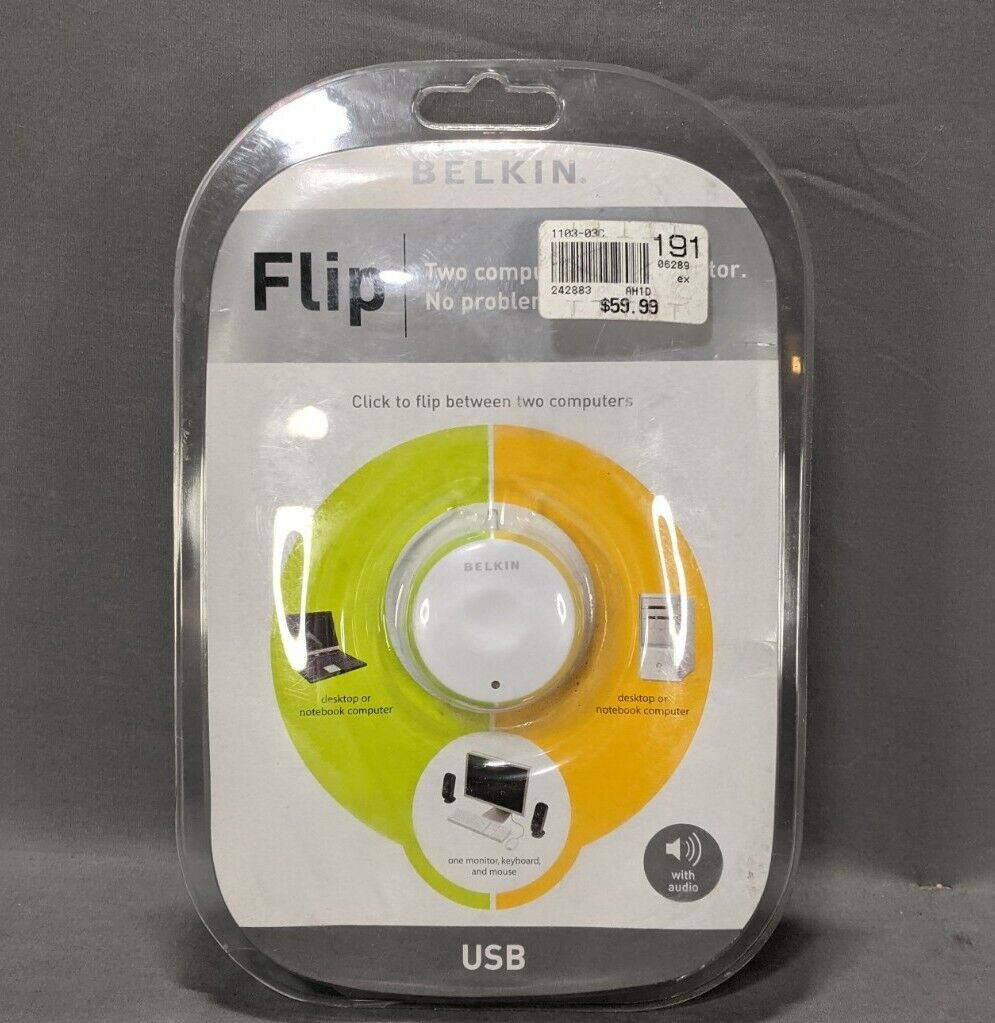 Belkin Flip 2 Computers 1 Monitor KVM Switch With Audio Support USB New Sealed