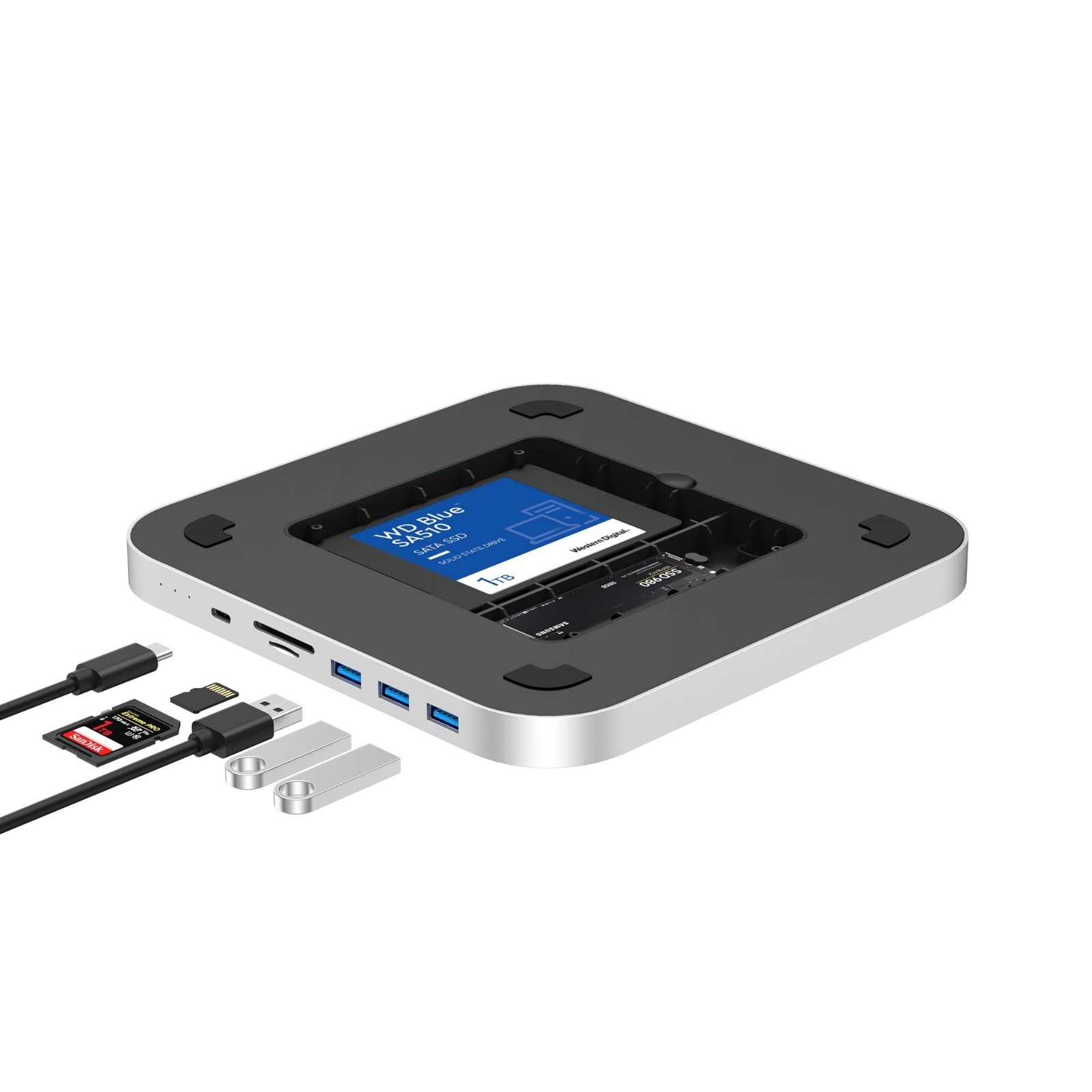 Mac Mini Dock Hub with Dual SSD Enclosure, USB-C 10Gbps, 3 USB-A Ports, SD/TF Re