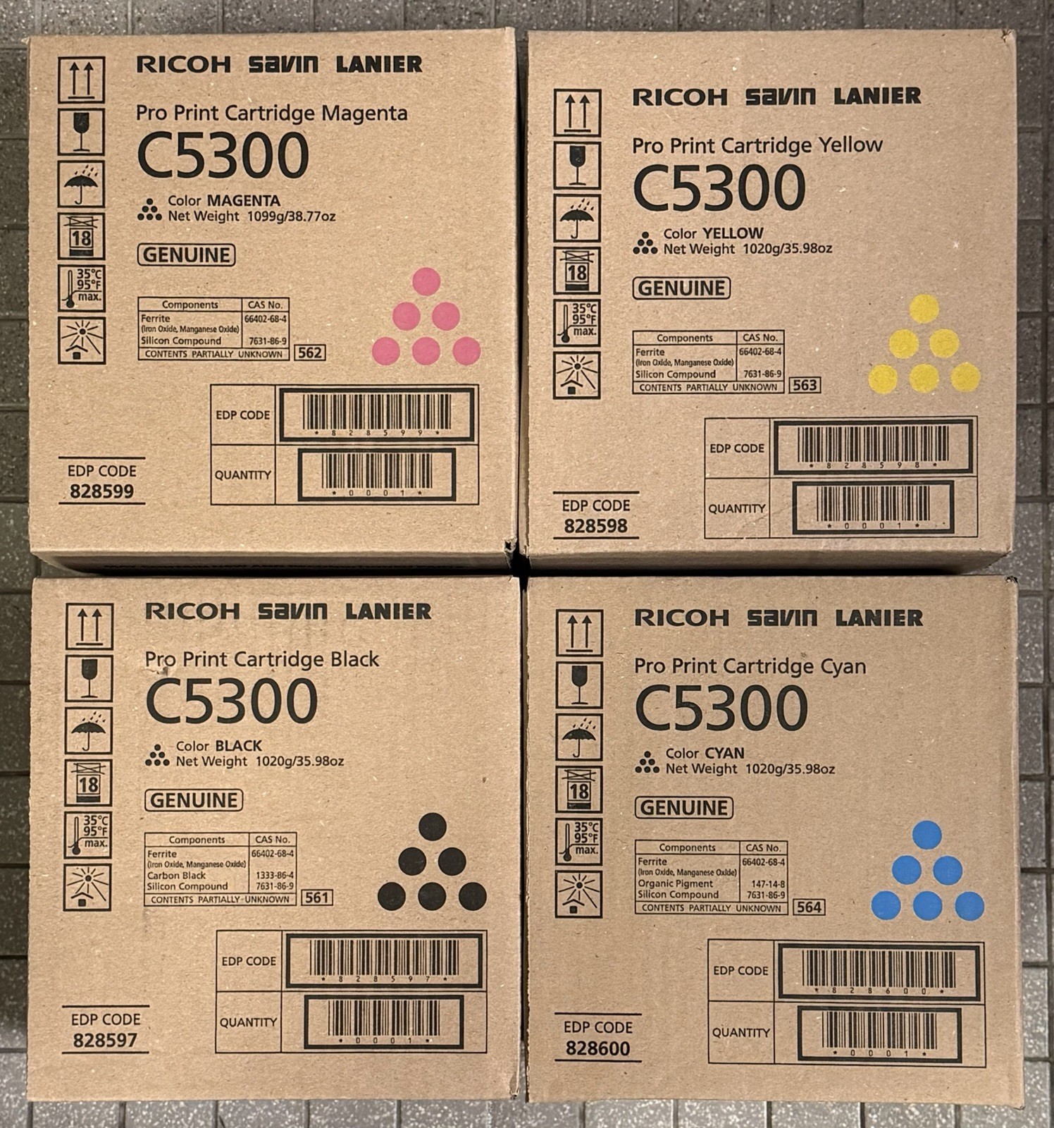 New OEM Ricoh Pro C5300s, C5310s CMYK Toner 828597,828598,828599,828600 sealed New OEM Ricoh Pro C5300s, C5310s CMYK Toner 828597,828598,828599,828600 sealed