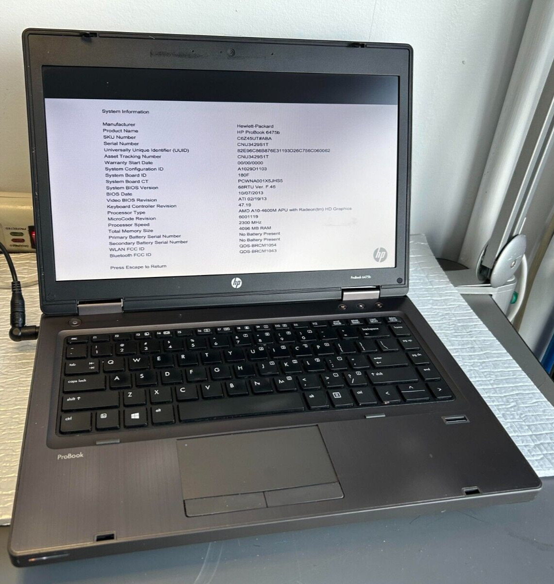 HP Probook 6475b Laptop AMD A10-4600M NO RAM NO HDD NO BATTERY FOR PARTS ONLY