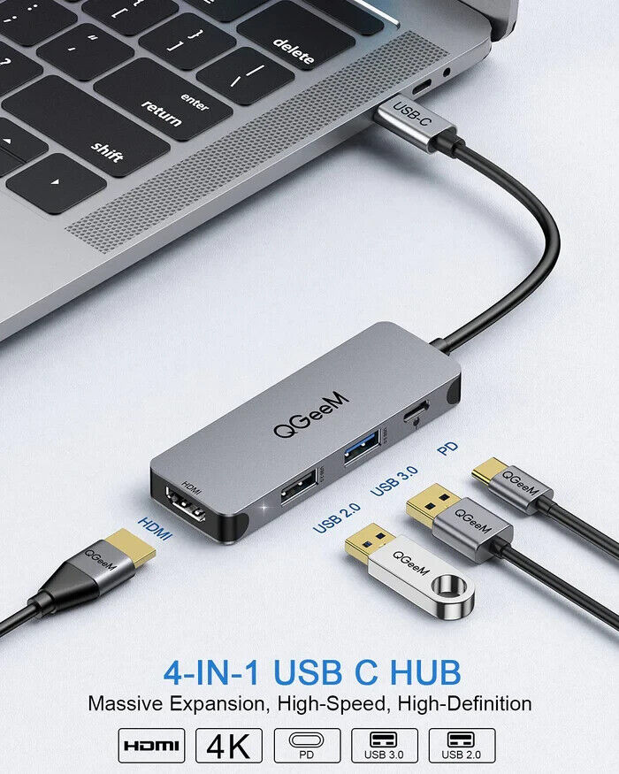 QGeeM 4-in-1 USB C Hub Adapter With 4K USB C To HDMI Hub, 100W Power M4V03 