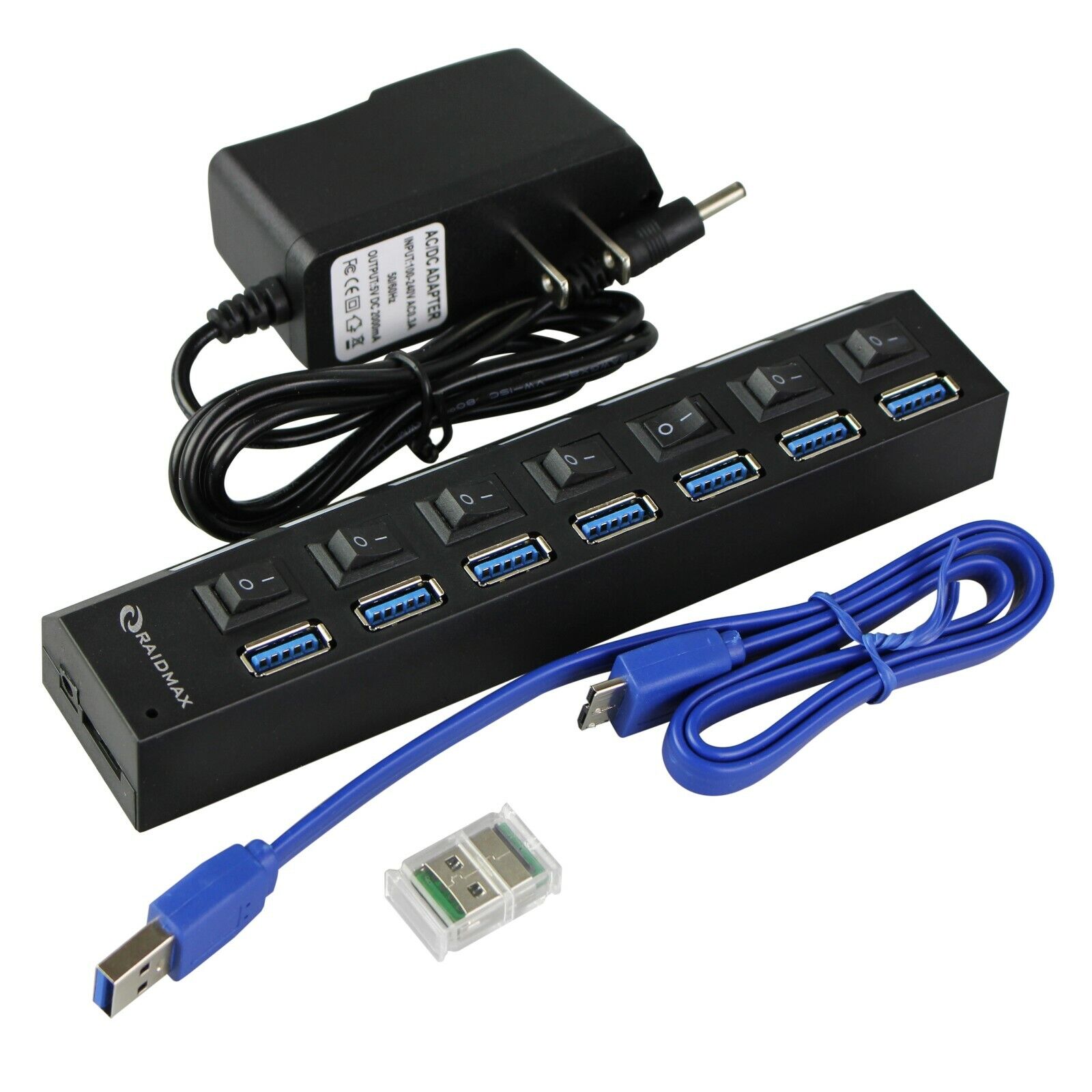7 Port USB 3.0 Hub Power Splitter LEDSwitch AC Power Adapter SD(TF)Card Reader  
