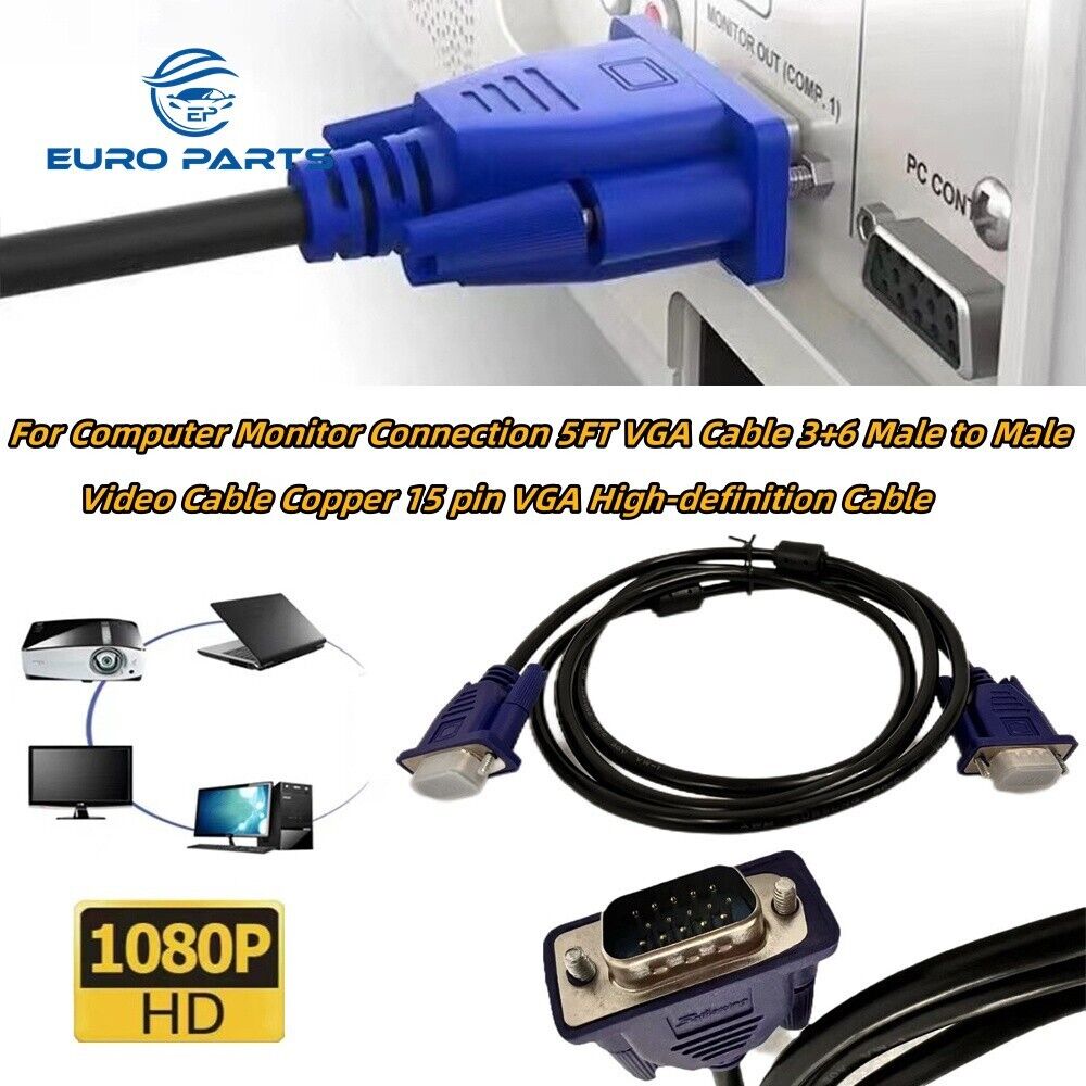 For Computer Monitor Connection 5 FT VGA Cable 3+6 1080P Male Video Cable 15 PIN