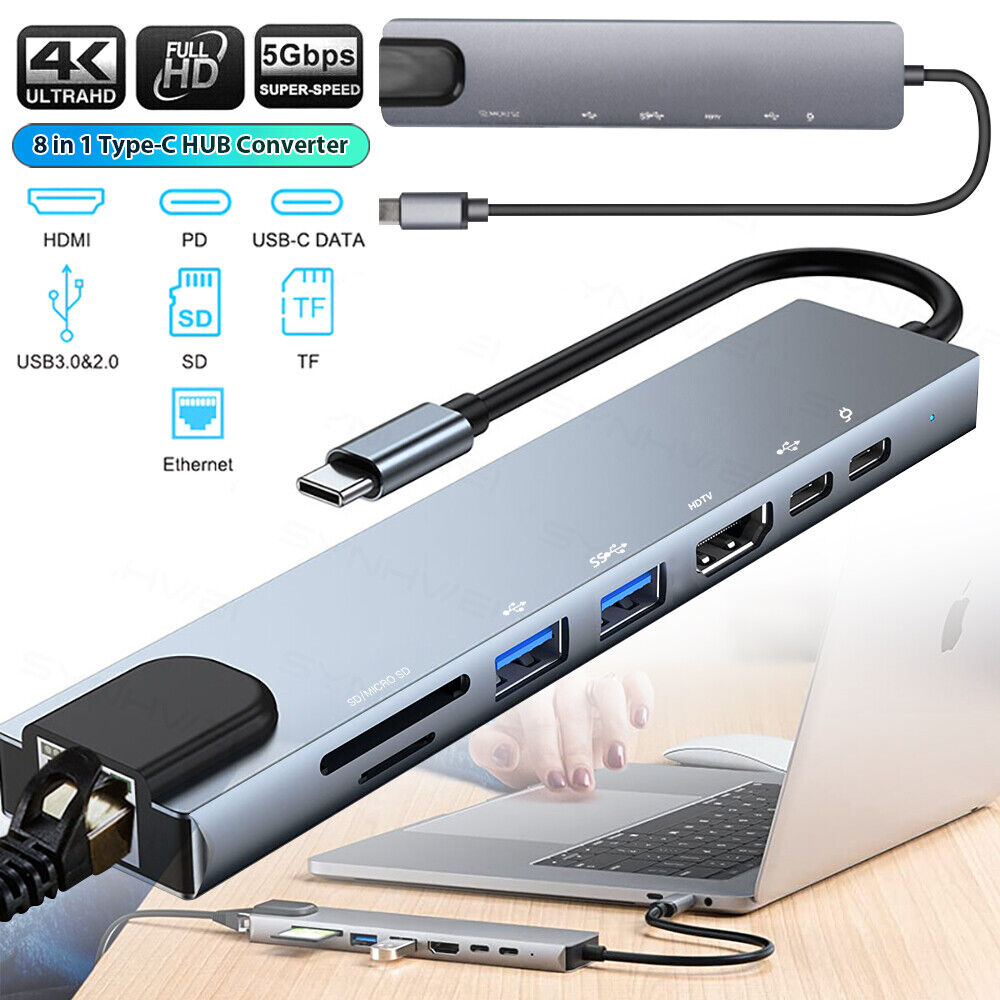 8 in 1 Multiport USB-C Hub Type C To USB 3.0 4K Adapter For Macbook Pro/Air US