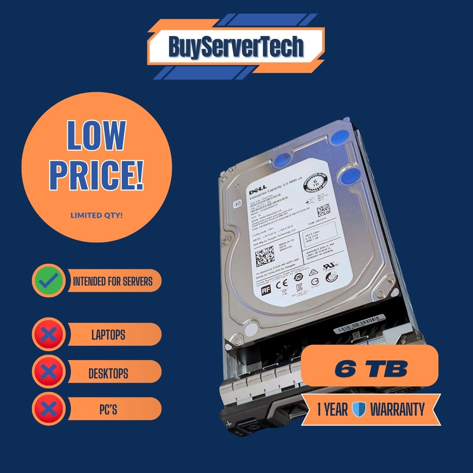 Dell NWCCG 6TB 7.2K RPM 6Gbps SAS 3.5'' (ST6000NM0034) Internal HDD