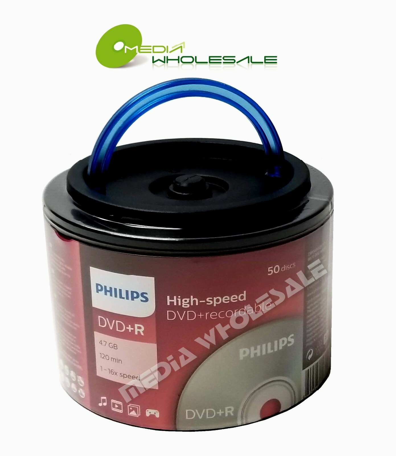 50 PHILIPS Blank 16X DVD+R Plus R Logo Branded 4.7GB Disc Spindle with Handle 50 PHILIPS Blank 16X DVD+R Plus R Logo Branded 4.7GB Disc Spindle with Handle