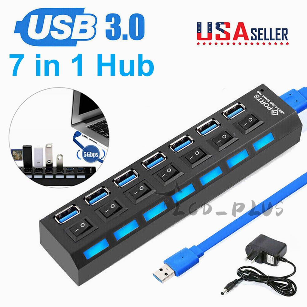 USB 3.0 Hub 7 Port On/Off Switch High Speed Splitter AC Adapter Cable PC Laptop