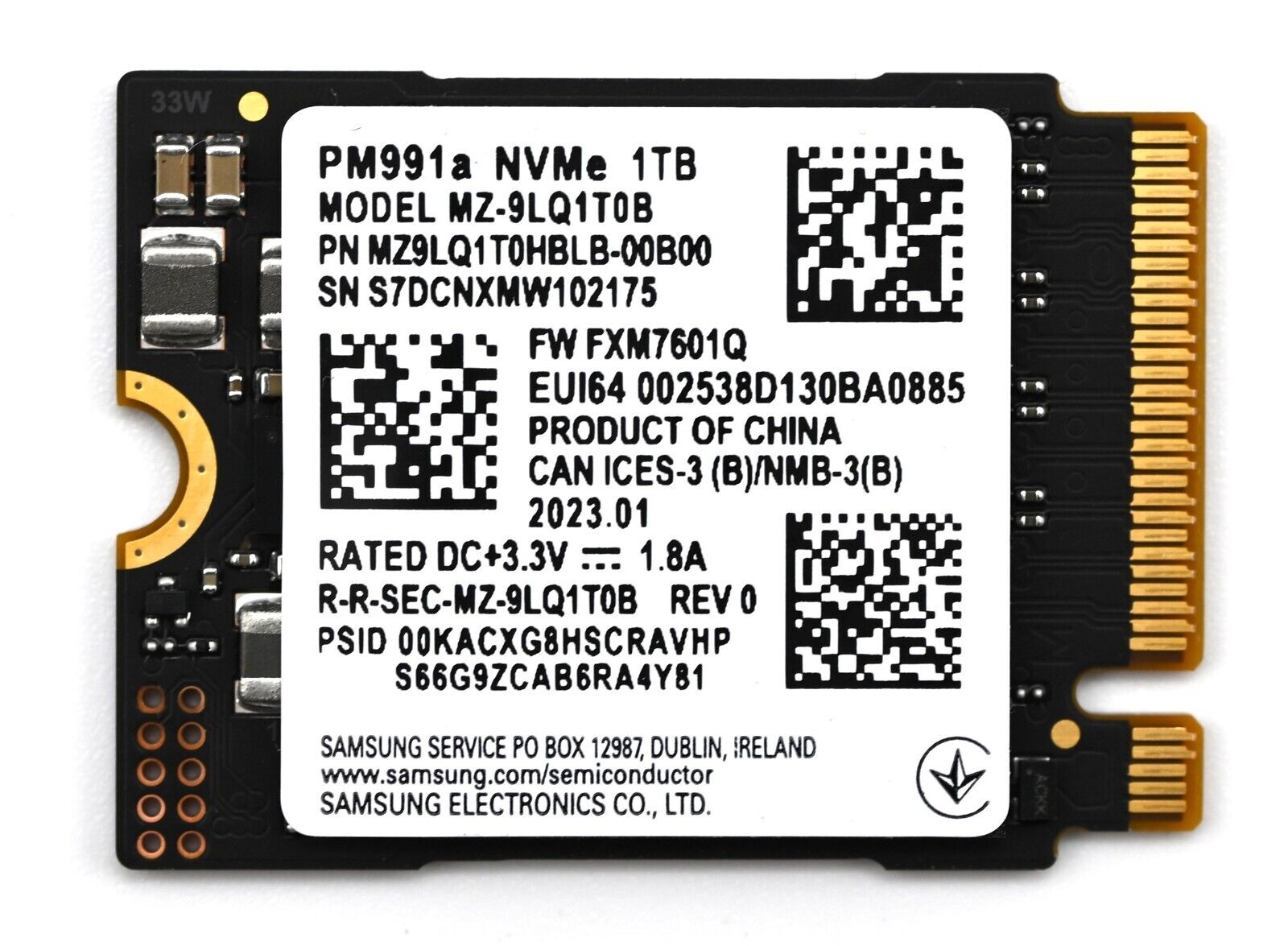 Samsung PM991a 1TB 2230 M.2 NVMe PCIe Gen 3x4 SSD Solid State MZ9LQ1T0HBLB