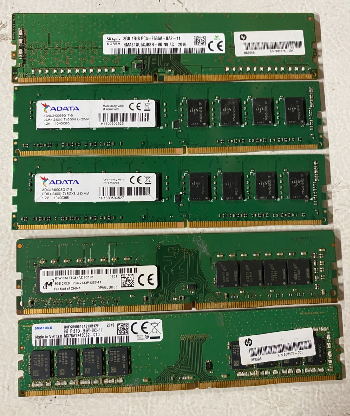 Lot of 5 Major Brand 40GB 5x8GB PC4 Mixed Speeds DIMM Desktop Memory RAM