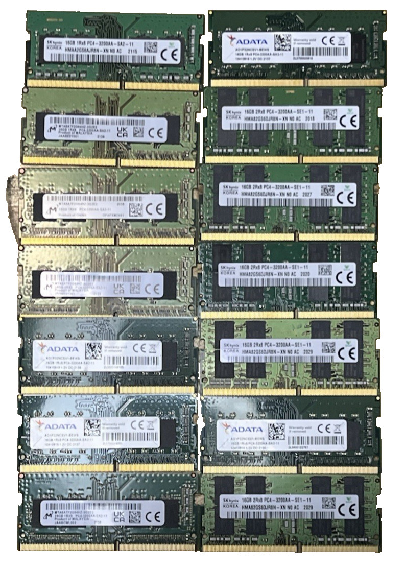 LOT OF 14 Mixed Major Brand 16GB DDR4 3200MHz PC4 SODIMM Laptop Memory RAM LOT OF 14 Mixed Major Brand 16GB DDR4 3200MHz PC4 SODIMM Laptop Memory RAM