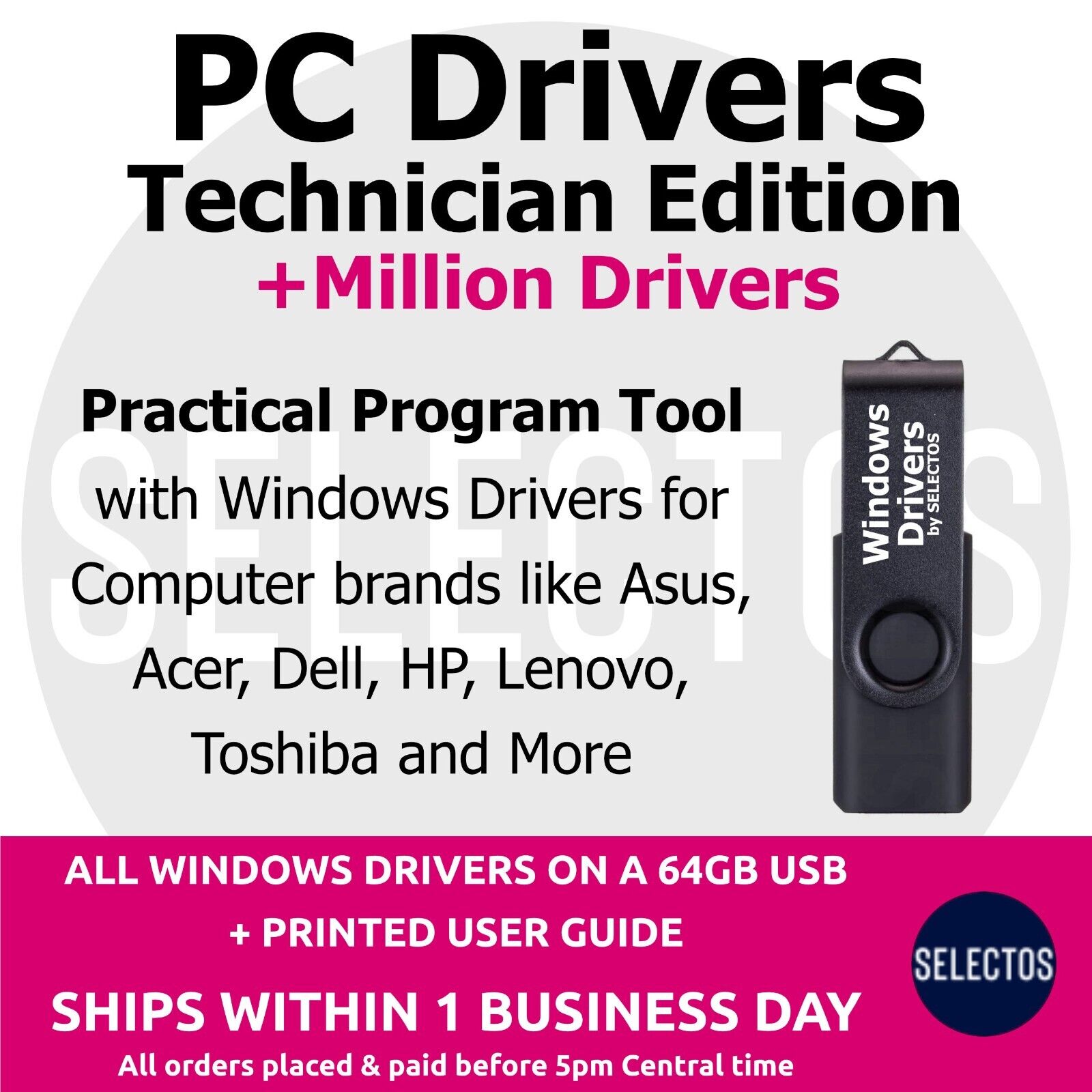 PC Drivers 2024 Technician Edition for Most PC Brands One USB 64Gb Drive