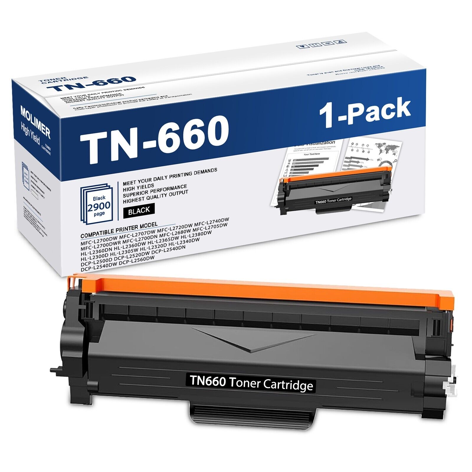 TN660 High Yield Toner Cartridge Replacement for Brother MFC-L2700DW Printer 1BK