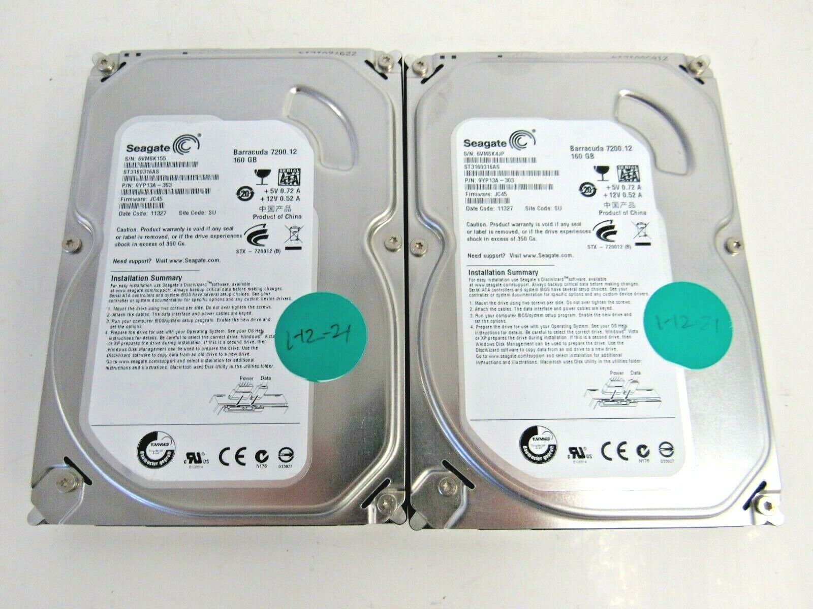 Seagate (Lot of 2) ST3160316AS 9YP13A-303 160GB 7.2k SATA-3 8MB 3.5\