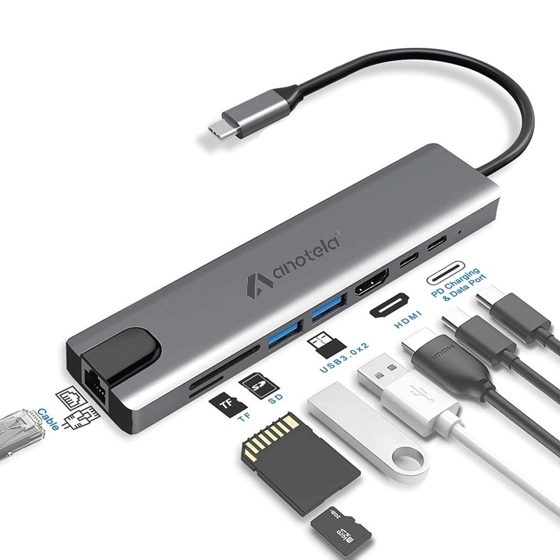 anotela 100W 8 Port USB C Hub Ethernet Type C Adapter for Laptop, iPad, Macbook