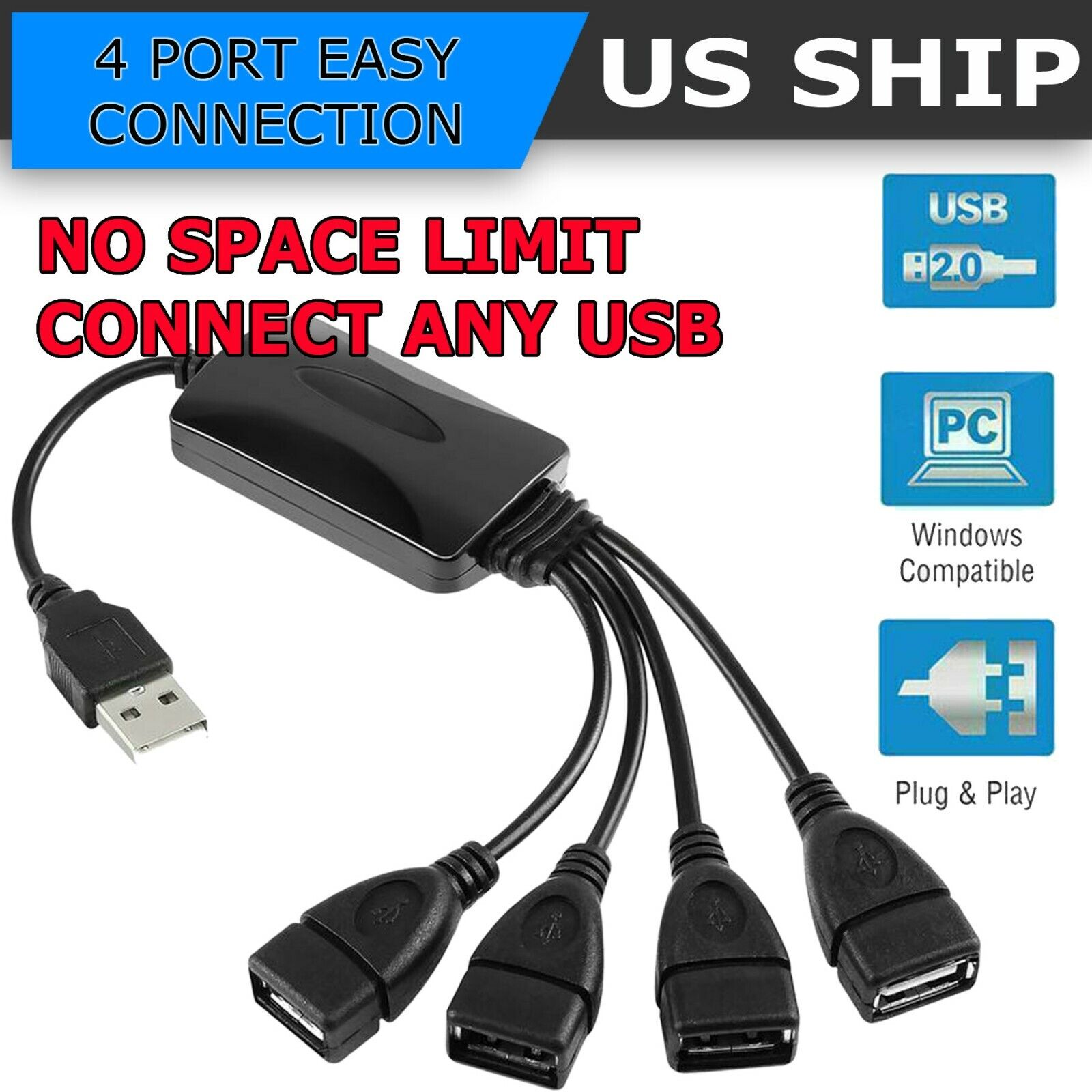 Black USB 2.0 Hi-Speed 4-Port Splitter Hub For PC Notebook High Speed Computer