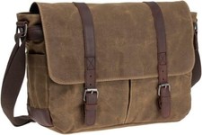 Vintage Genuine Leather Waxed Canvas Briefcase Large Satchel Shoulder Khaki-2 picture
